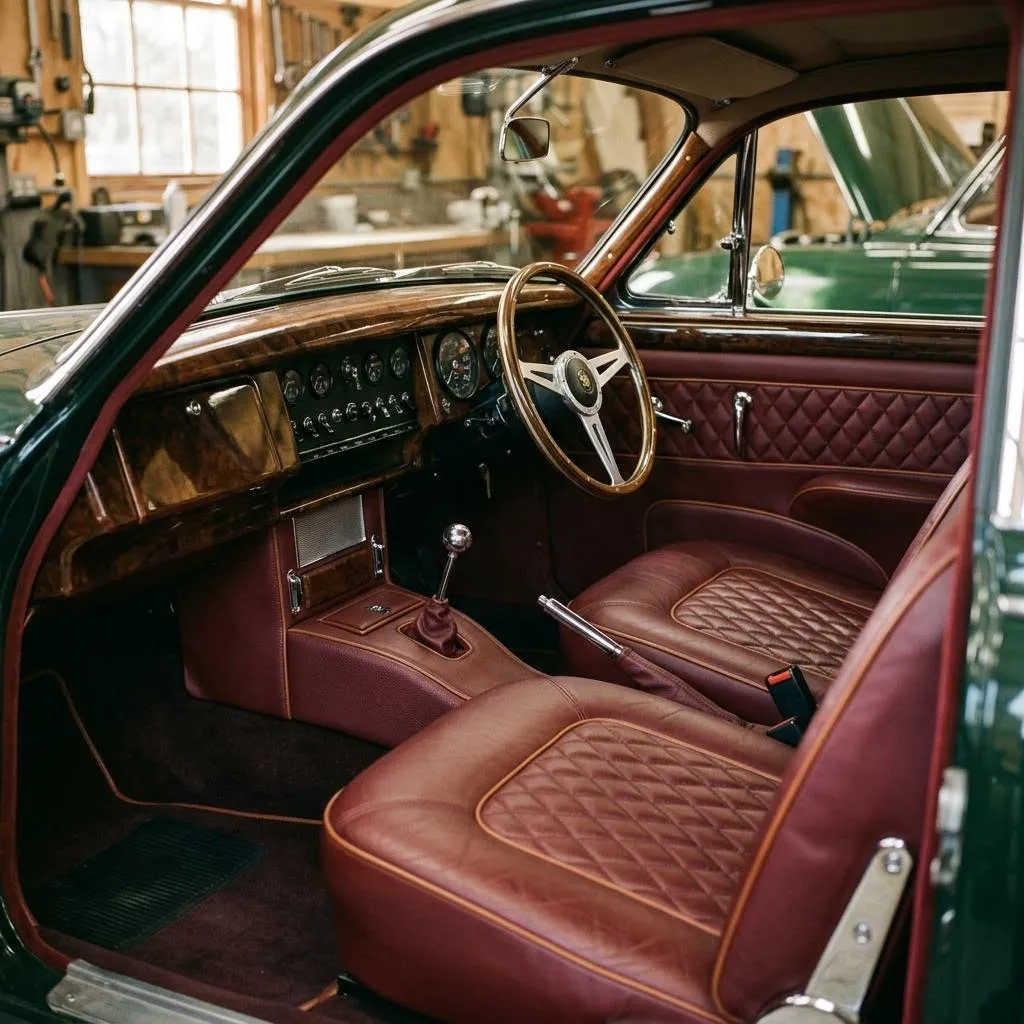 Illustrative oxblood diamond-stitched classic car interior