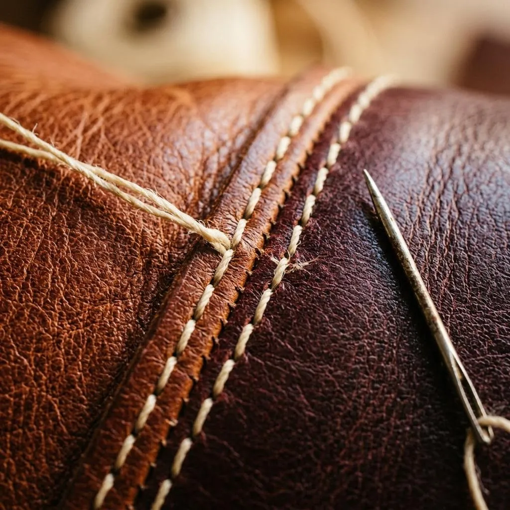Illustrative macro of hand-stitched leather seams